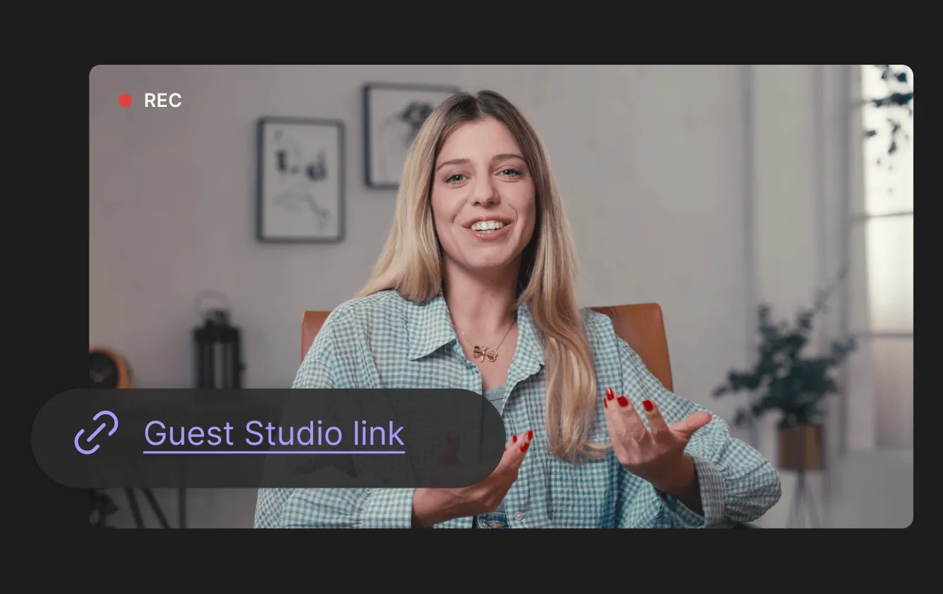 Smiling woman with long blonde hair and red nail polish speaking, visible in a recorded video frame with 'REC' indicator and a 'Guest Studio link' overlay.